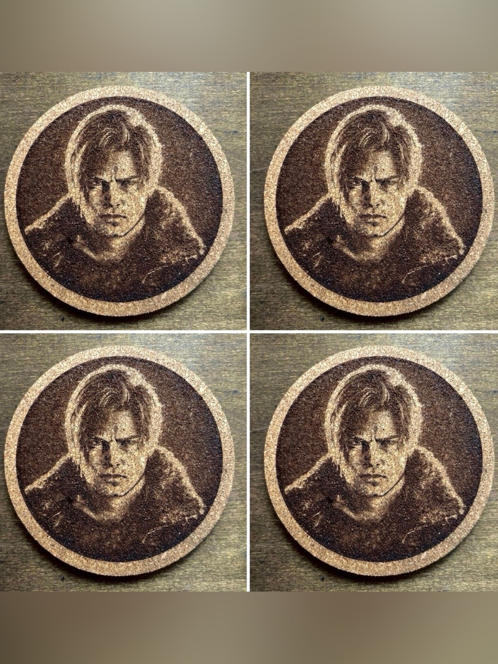 Resident Evil Requiem Leon S. Kennedy Laser Engraved Cork Coasters Lot of 4